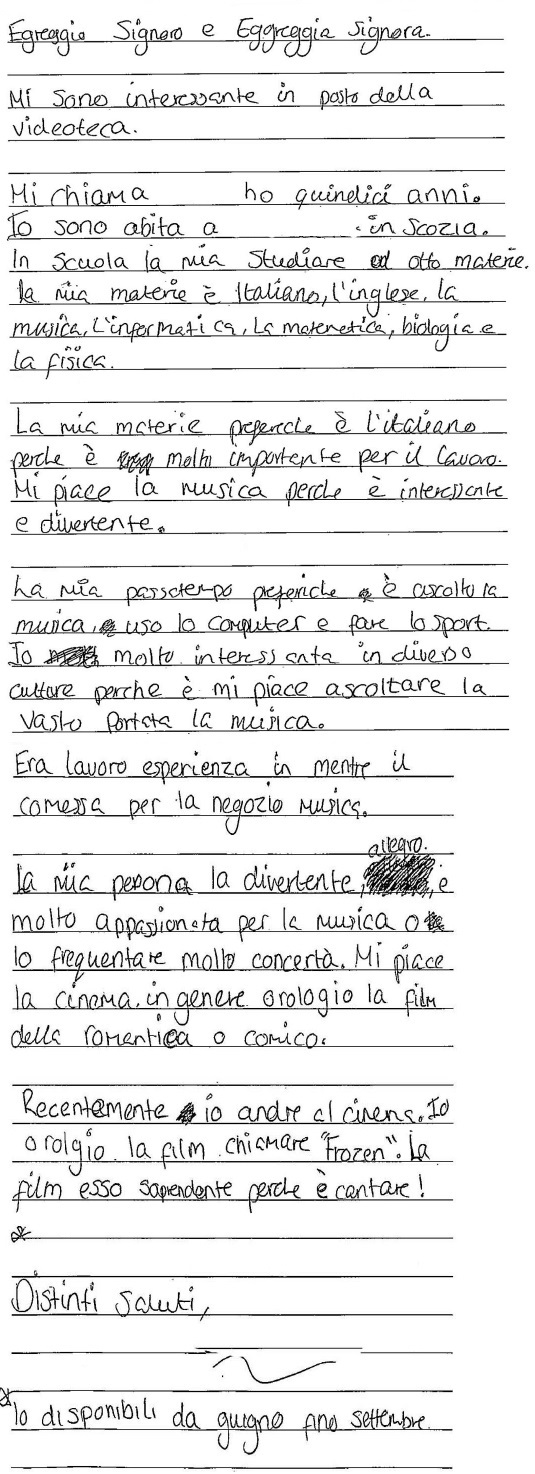 handwritten candidate 5 evidence in Italian