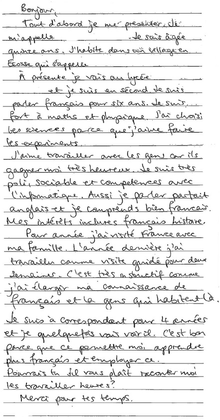 handwritten candidate 3 evidence in French