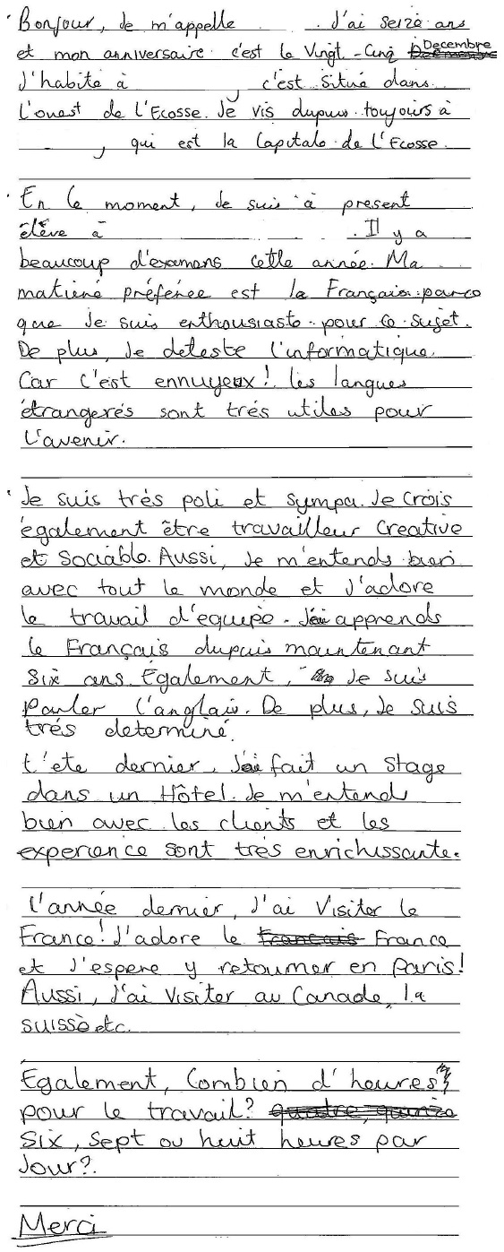 handwritten candidate 4 evidence in French