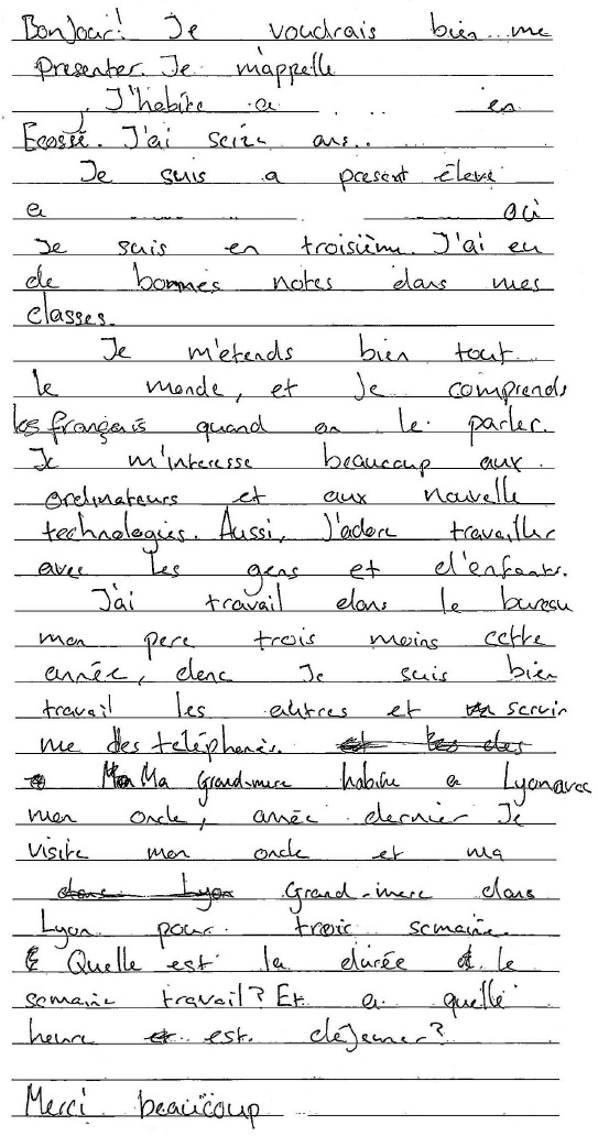 handwritten candidate 6 evidence in French