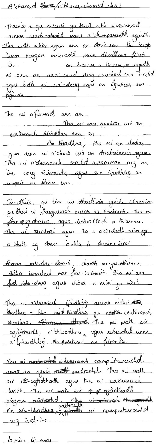 handwritten candidate 1 evidence in Scottish Gaelic