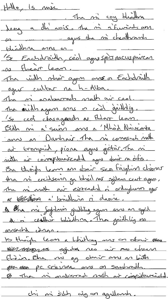 handwritten candidate 2 evidence in Scottish Gaelic