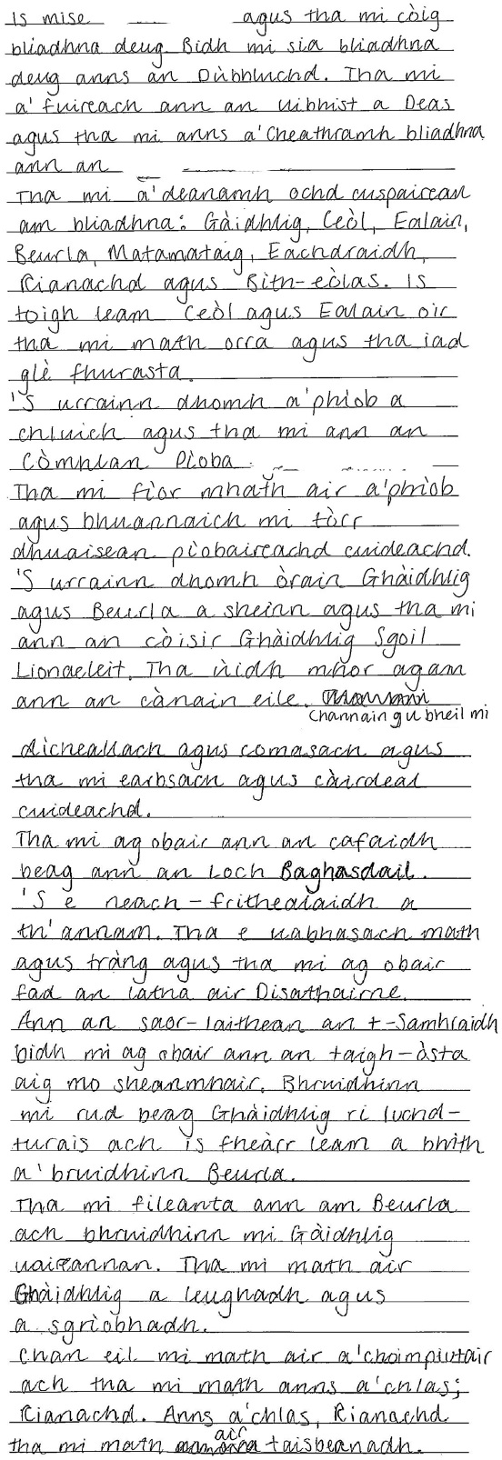 handwritten candidate 3 evidence in Scottish Gaelic