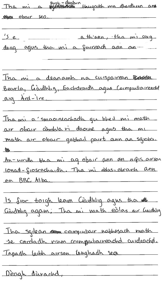 handwritten candidate 4 evidence in Scottish Gaelic