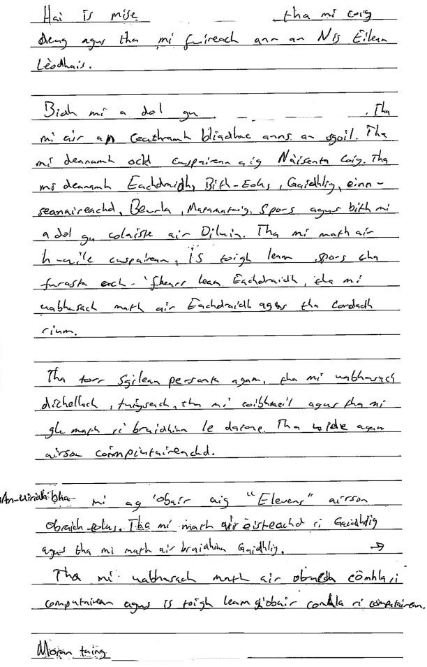 handwritten candidate 5 evidence in Scottish Gaelic