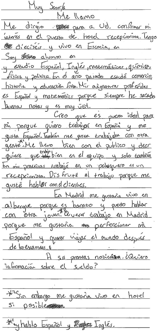 handwritten candidate 1 evidence in Spanish