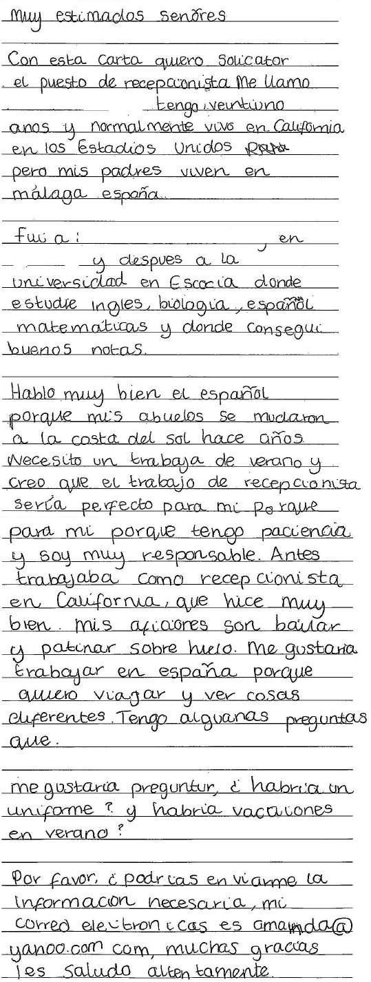 handwritten candidate 2 evidence in Spanish