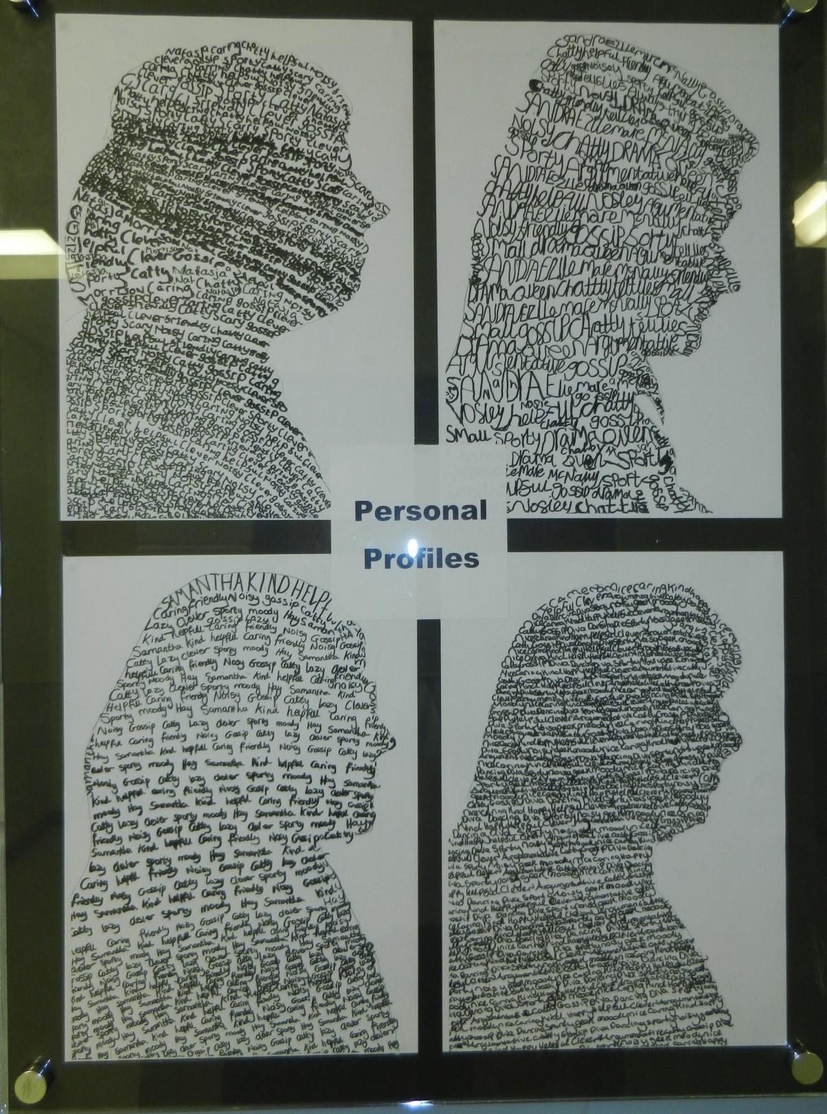 Four profiles with handwritten text bound by the silhouette outline of each candidate. Four profiles filled with handwritten text.