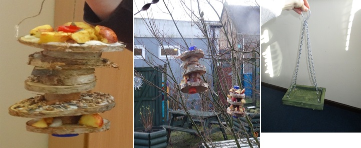 Close-up of bird feeder trays - two bird feeders attached to branches - bird feeder tray hanging from chain. Three images of diffferent bird feeders.