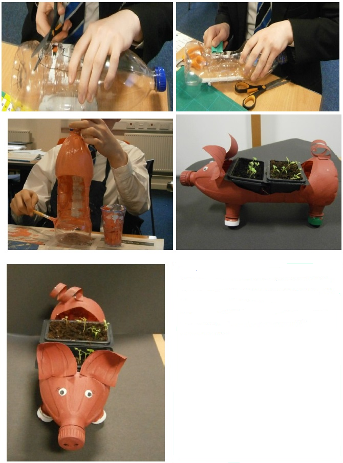 five photographs showing the making of the plant pots - from cutting the plastic bottle to final product