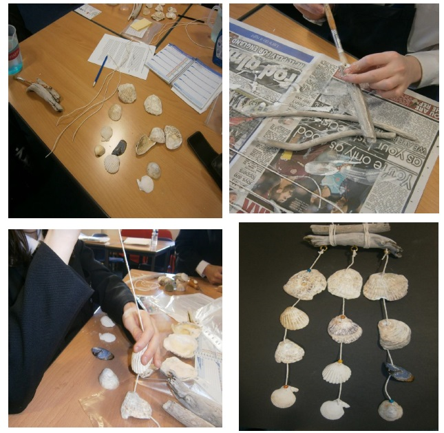 Four iterative photographs of mobiles made from shells.