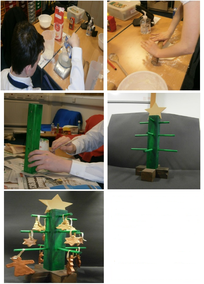 Five photographs showing the iterative stages making Christmas decorations.