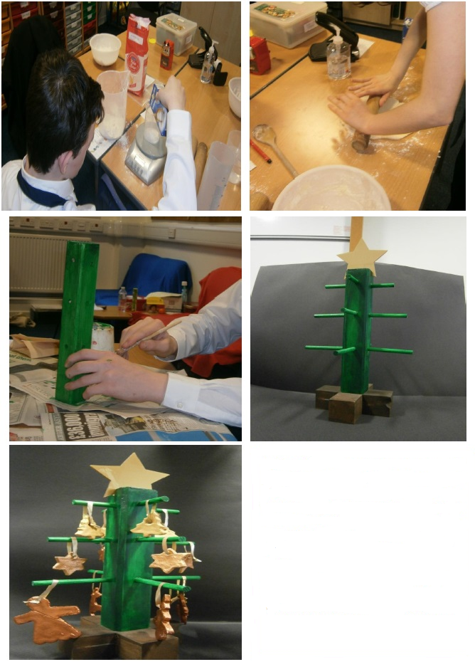 four photographs showing the making of decorations and tree and a fifth of the finished product