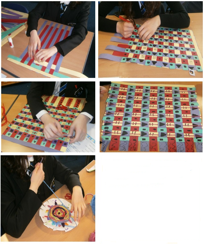 Five photographs showing progressive development of the weave pattern.